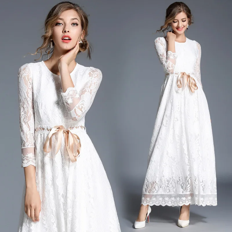 MLCRIYG Новое Элегантное белое кружевное платье для женщин Весна-Лето Макси платье вечерние длинные платья для женщин robe femme YQ009