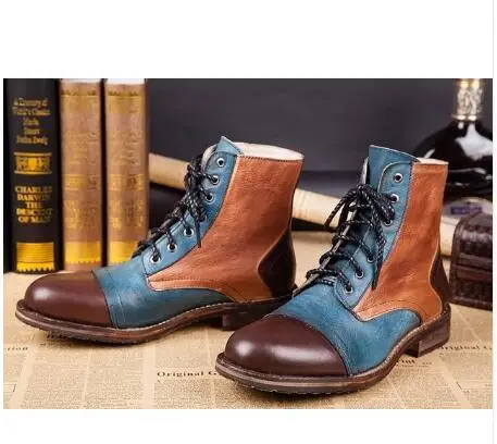 Роскошные брендовые кожаные итальянские ковбойские сапоги Вестерн; обувь в стиле милитари в стиле панк; мужская обувь на плоской подошве с круглым носком; обувь на шнуровке; большие размеры 47 - Цвет: as picture