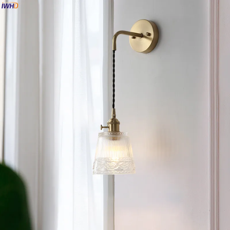 Luminárias para Casa Iluminação de Parede Lâmpada de Parede do Banheiro Espelho de Luz da Escada de Vidro Iwhd Nórdico Japão Retro Luzes Quarto Cobre Wandlamp 17 Casa Quarto Iluminação de Parede Lâmpada de