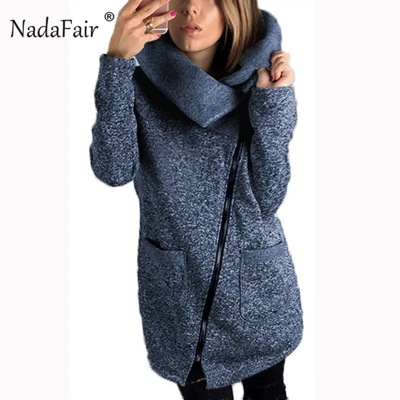 

Nadafair scarf collar neck long hoodies women casual plus size skew zipper zip-up sweatshirts long sleeve autumn winter coats