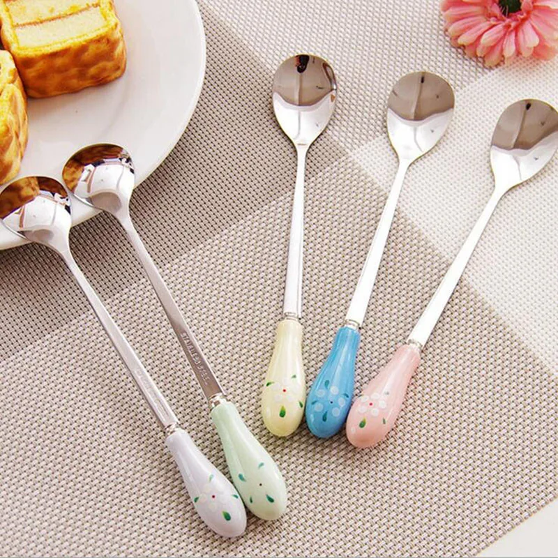 

2PCS Stainless Steel Ceramic Handle Spoons Ice Cream Tea Coffee Spoons Flatware Tableware Dinner Tools @