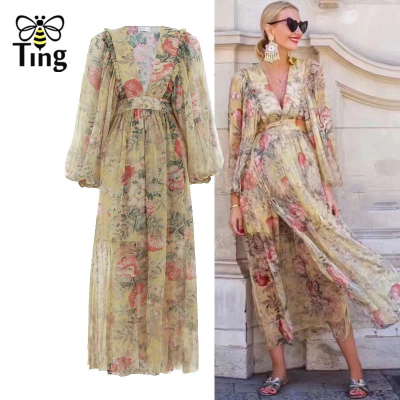 

Tingfly 2019 Summer Designer Runway Floral Dress Sexy Deep V neck Maxi Dress Casual Trendy Dress On Tumblr vestidos de fiesta