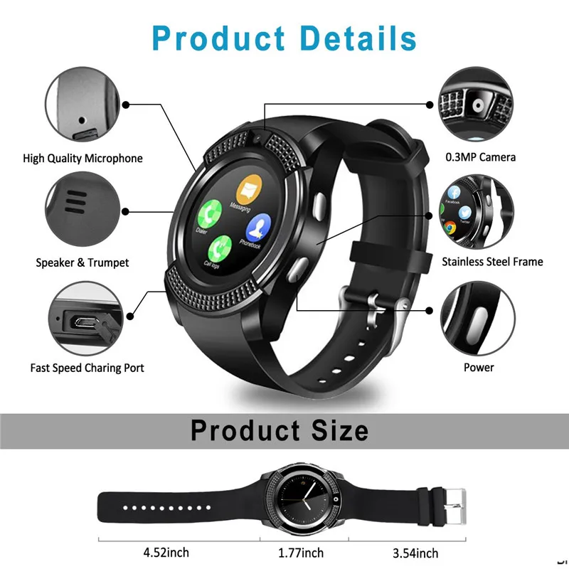 Смарт-часы V8, Bluetooth, сенсорный экран, Android, водонепроницаемые, спортивные, для мужчин и женщин, Смарт-часы с камерой, слотом для sim-карты, для Android IOS