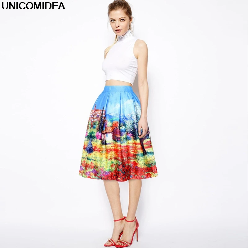 Women Vintage Oil Painting 3D Digital Print High Waist Skirt Rockabilly Retro European Elegant Skirt Floral Pleated Women Skirts