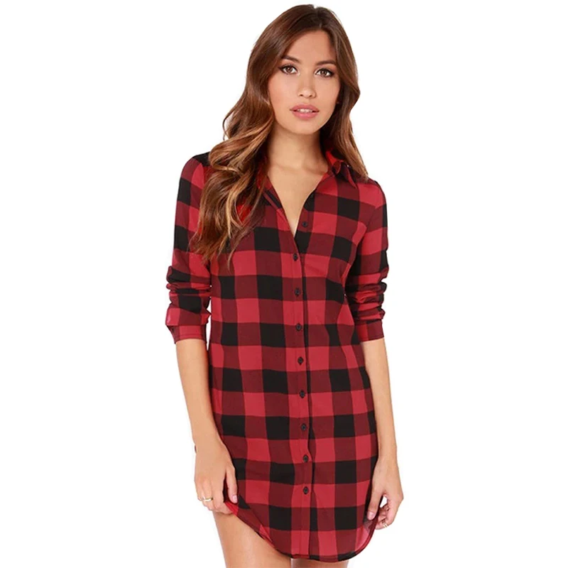 

Women t shirt 2019 new fashion autumn wild lattice turn-down collar long summer shirt plaid feminina vestidos de festa EFF6092