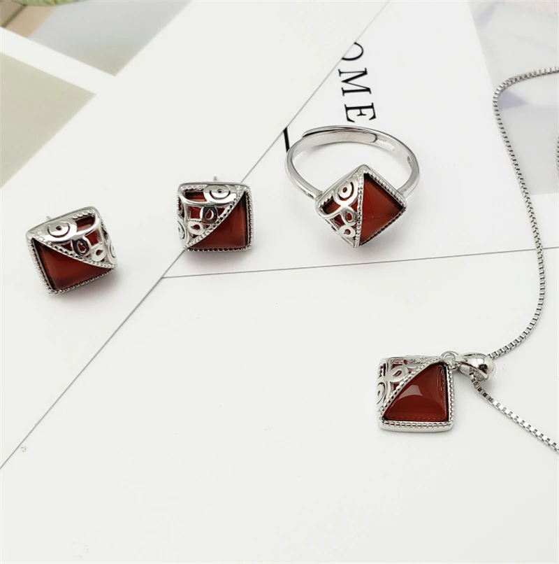 

925 Sterling Silver Natural Gemstone Retro Jewelry Set S925 Black Onyx Red Agate Blue Turquoise Stone Necklace Earrings Ring Set