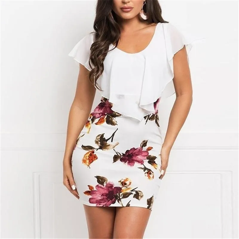 2019 Summer Women Flower Printed Party Dress Ruffle Sleeve Mini Dresses Simple Chiffon Splice Slim-Fit Dress Plus Size S-5XL