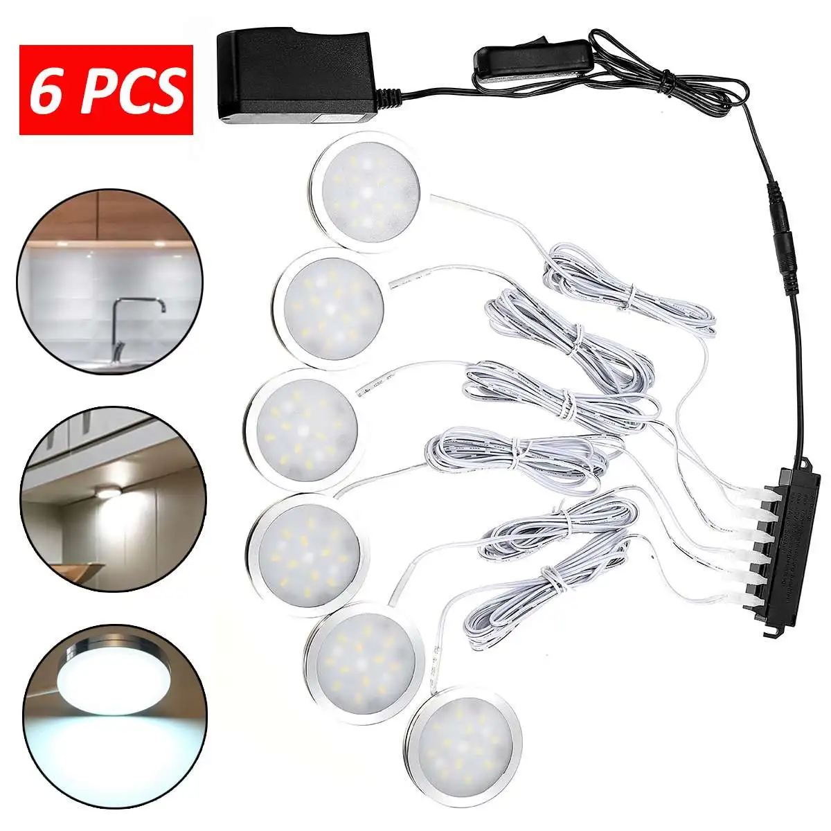 

6 Round LED Puck Light Under Cabinet Lighting Kit Kitchen Shelf Lamp Counter DIY