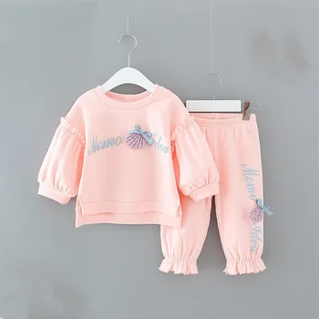 

Baby Girl Clothing Set Heart-shaped Print Bow Cute Drop-shoulder Girls Tops+Pants Outfits Set 2Pcs/set 0-2T orange-25