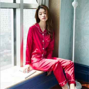 

Spring Summer Turn -Down Collar Women Home Casual Silk Satin 2 pieces pajamas sets (Full Pant+ t shirt)