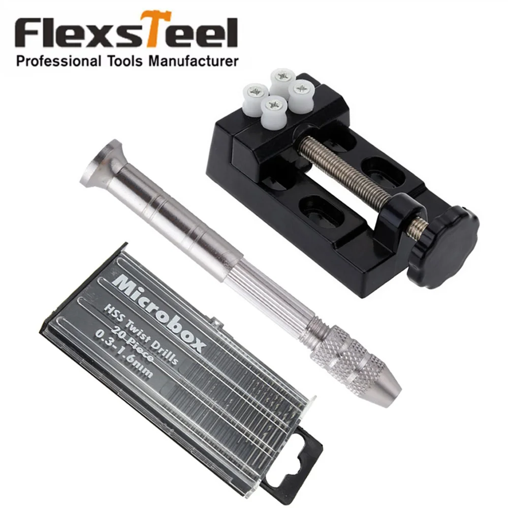 

DIY Carving Tool Kit Micro Pin Vise Hand Drill Chunck+Mini Walnut Vise Clamp Table Bench Vice+20pcs Micro Twist Drill Bit Set