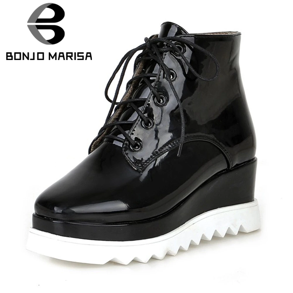 

BONJOMARISA New Big Size 34-43 Solid Wedges High Heels Patent Pu Lace Up Platform Shoes Woman Casual Winter Spring Ankle Boots