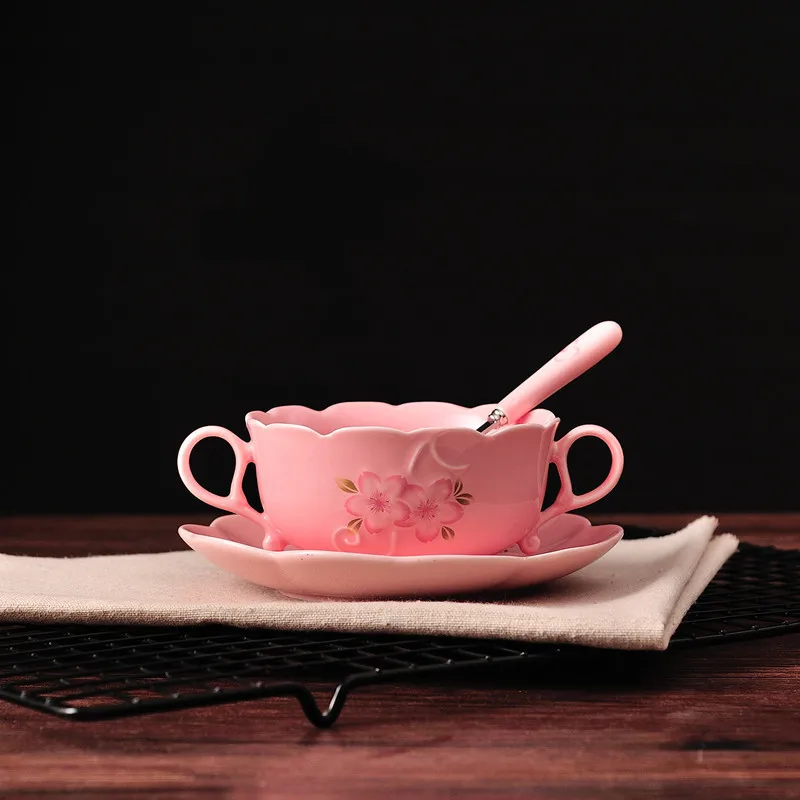 Керамическая кружка романтический вишневый цвет Двусторонняя ручка Чаша Кофе Чайные пары чашки чая фарфоровые чаши Sobretudo Feminino Copos