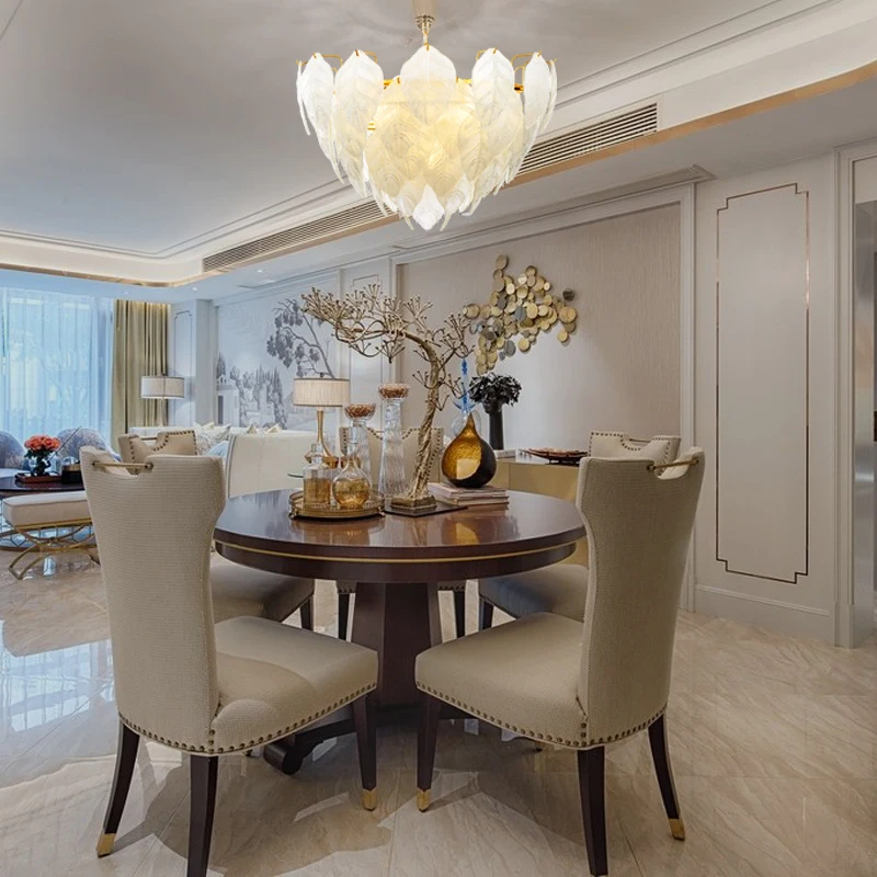 

Hong Kong Style Light luxury chandelier, luxurious model room, living room, bedroom lamp, leaf glass, dining room lamp.
