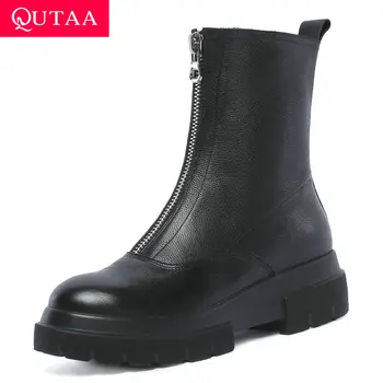 

QUTAA 2020 Platform Square Middle Heel Mid Calf Boots Front Zipper Cow Leather Fashion Round Toe Antiskid Women Shoes Size 34-42