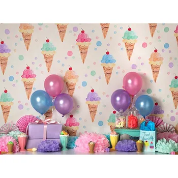

Ice Cream Cherry Gifts Candy Cake Balloon Birthday Party Photo Background Photography Backdrop Quality Vinyl