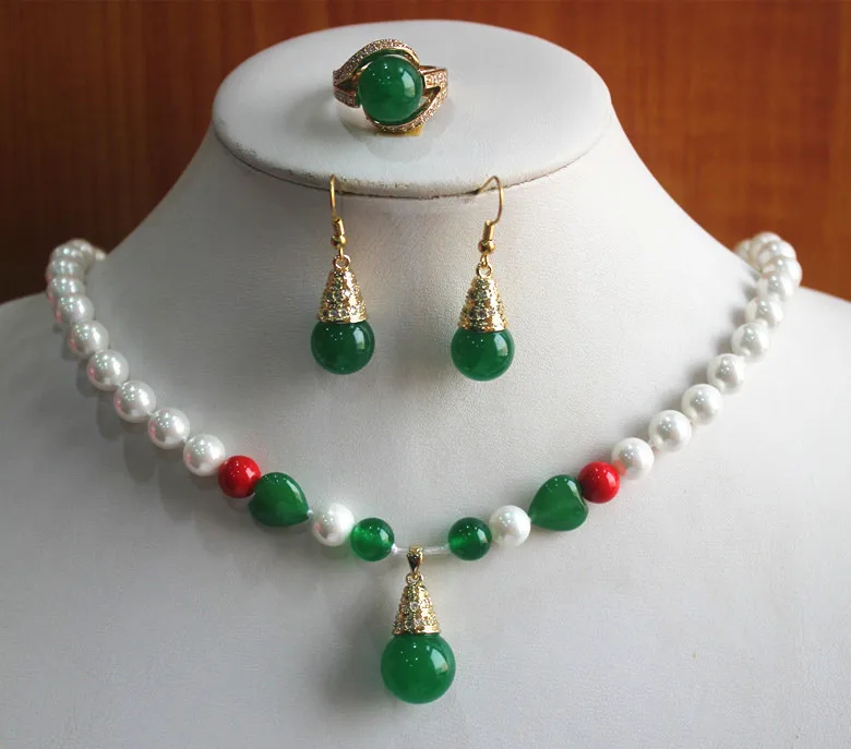 

HOT SELL - party! Wholesale Women's 8mm white pearl and green jade Necklace earring ring(7/8/9) jewelry set #231 -Top quality fr