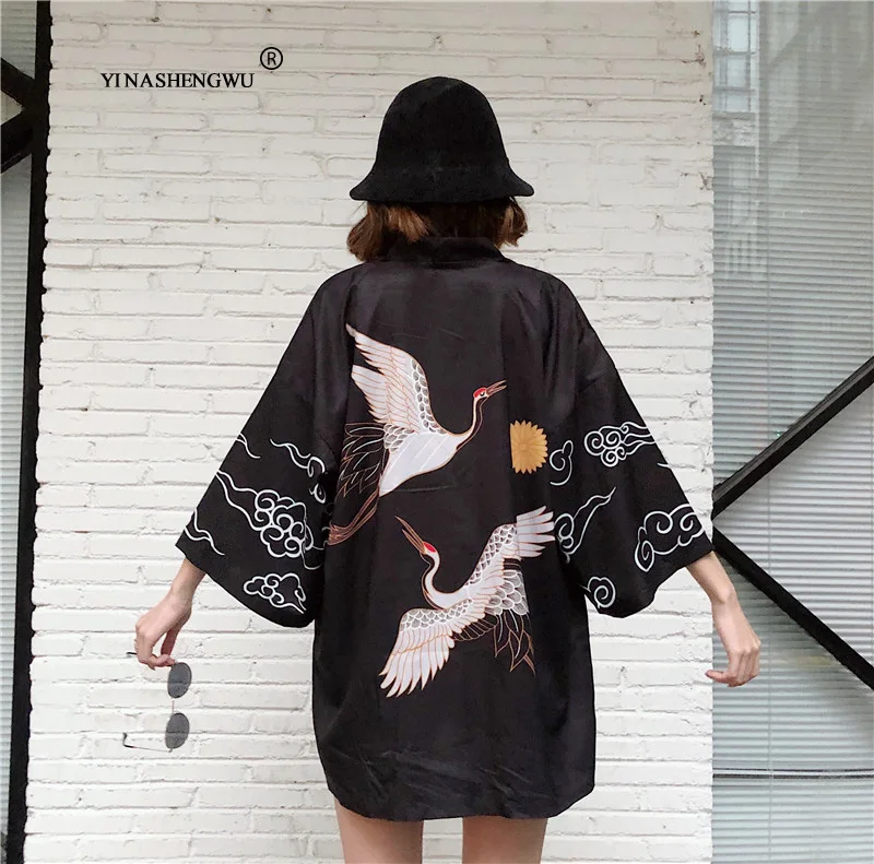 Кимоно в японском стиле с принтом журавля Харадзюку для отдыха, Солнцезащитная блуза для мужчин и женщин, кимоно юката, костюм для косплея, тонкая летняя одежда - Цвет: as picture-22.71