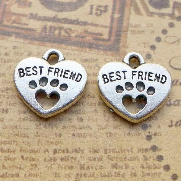 

6 Pieces/Lot 14mm*15mm Diy Jewelry Accessory Antique Silver Plated Paw Print Best Friend Heart Charm For Jewelry Making