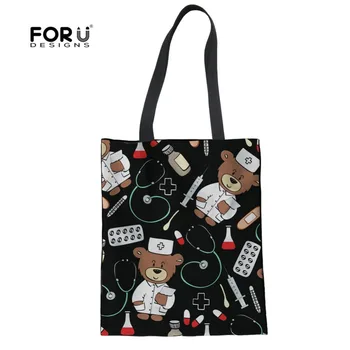 

FORUDESIGNS Women Canvas Handbag Cartoon Doctor Nurse Bear Printed Shoulder Bag Female Large Capacity Ladies Beach Tote Shopping