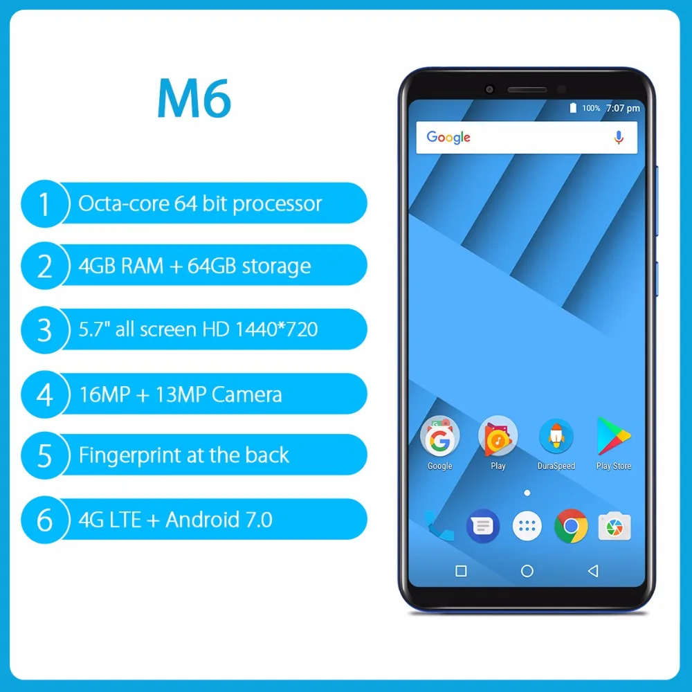 Vernee M6 4G RAM 64g ROM 5 7 дюйма 18:9 Экран мобильного телефона MT6750 Octa core сотовый телефон 16MP