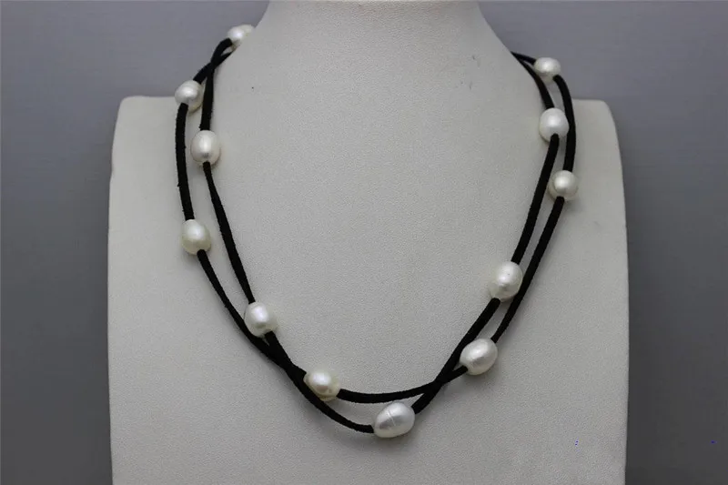 Ручная работа 2 нити кожа белый пресноводный жемчуг ожерелье сплав 18 &quotКрасота