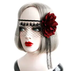 Черное кружево прикрывающую лицо головной убор большой красный цветок оголовье назад готические COS Кристалл Tussals Головные уборы для