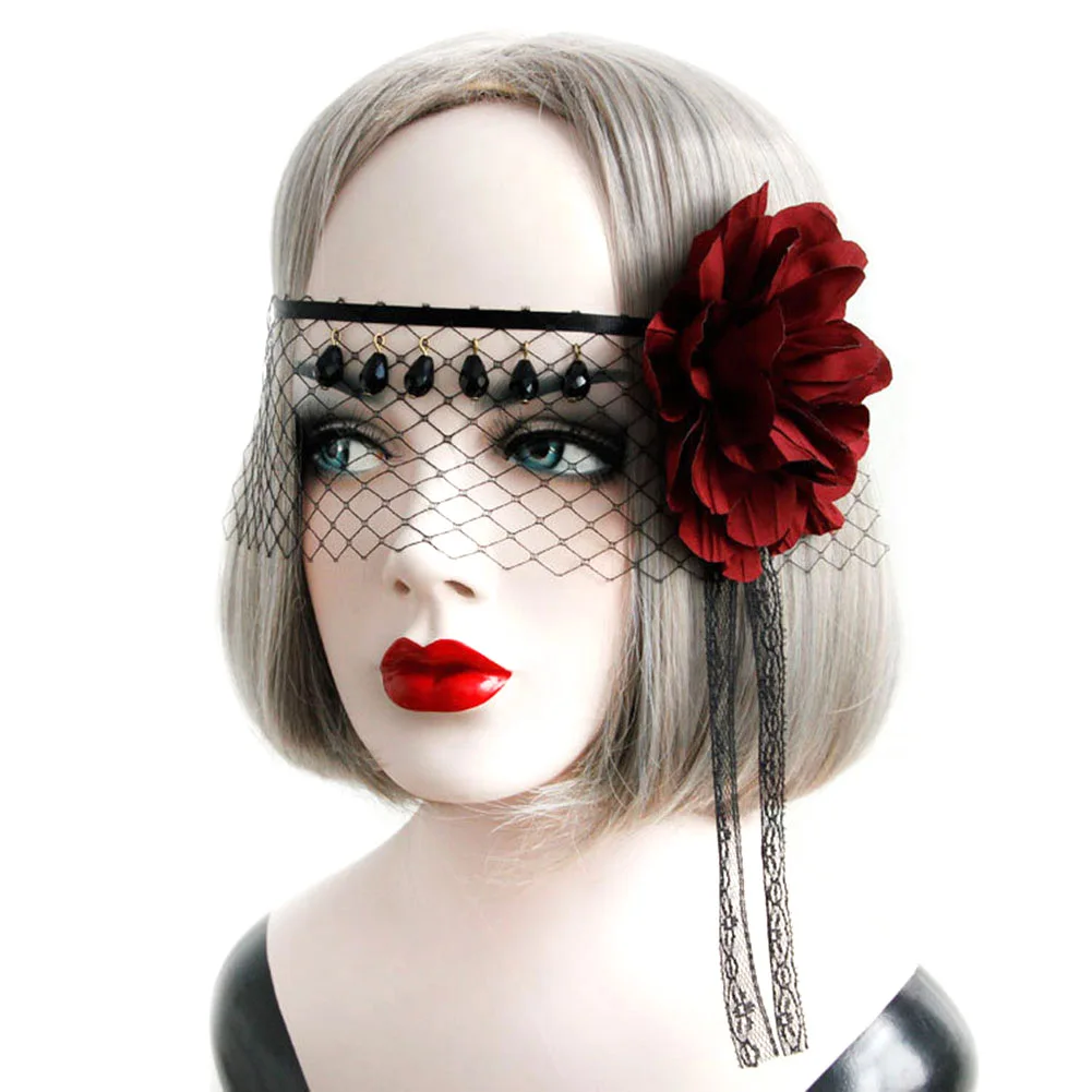 

Black Lace Veil Covering Face Headdress Big Red Flower Headband Back Gothic COS Crystal Tussals Headwear For Halloween Party