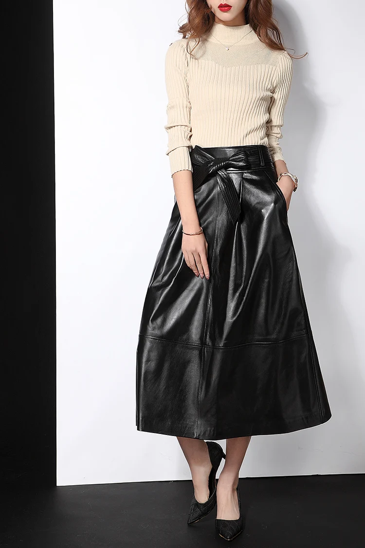 RYS5332 Женская зимняя Роскошная длинная юбка макси из натуральной кожи женская Расширенная Нижняя юбка с карманом на поясе с бантом Черная модная юбка