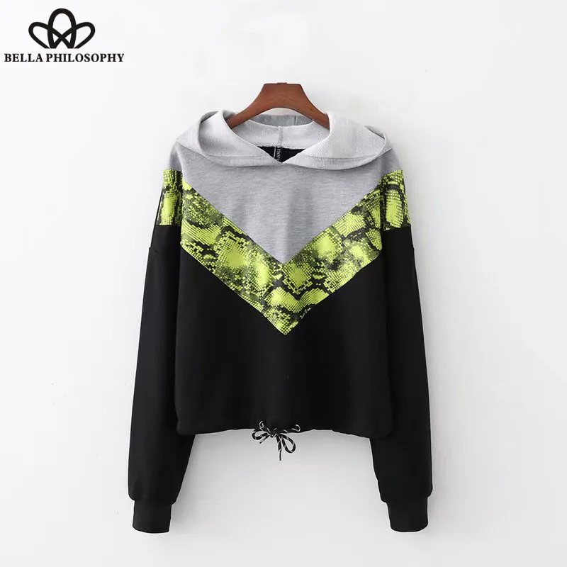 Wonder Spring Long Sleeve Patchwork Hoodies Vintage Female Snake Print Hooded Pullovers Casual Long Sleeve Lady Outwear 2019