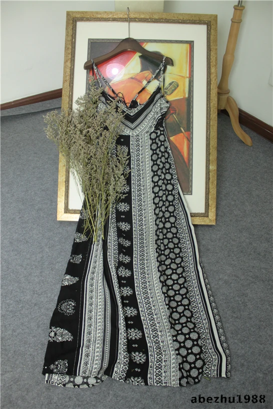 

Mexican style vintage black white print maxi dress for women girls bohemian ethnic festival printed camisole dress vestidos gown