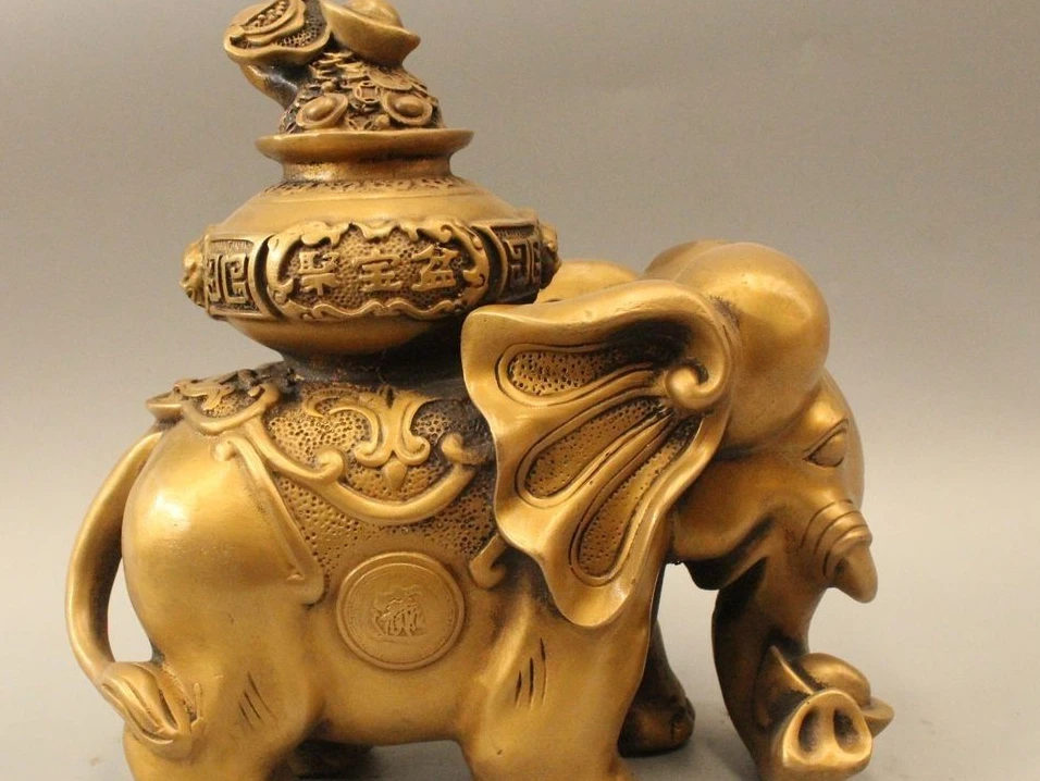

9" China Brass Lucky Wealth Elephant treasure bowl bottle gourd Yuan Bao Statue