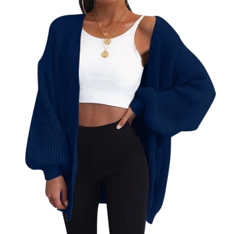 SHUJIN New Women Knitted Cardigan Coat Autumn Winter Ladies Solid Cardigan Long Sleeve Coat Outerwear Female Tops - Цвет: blue