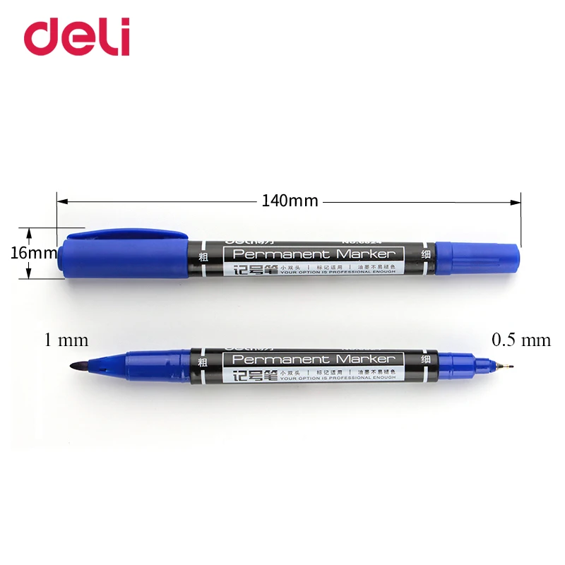 3PCS Deli 6824 Permanent Markers Dual Tip Pen 0.5mm/1mm Black Blue Red Water Proof Fast Dry Double Sided Permanent  Marker 2