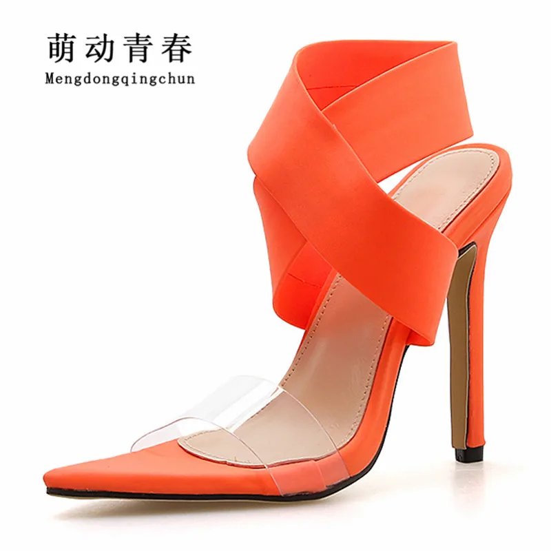 Big Size 35-42 Orange Yellow Thin Heels Women Pumps Slip on Stretch Fabric Women's Shoes Sexy Clear PVC Pointed Toe Party Pumps