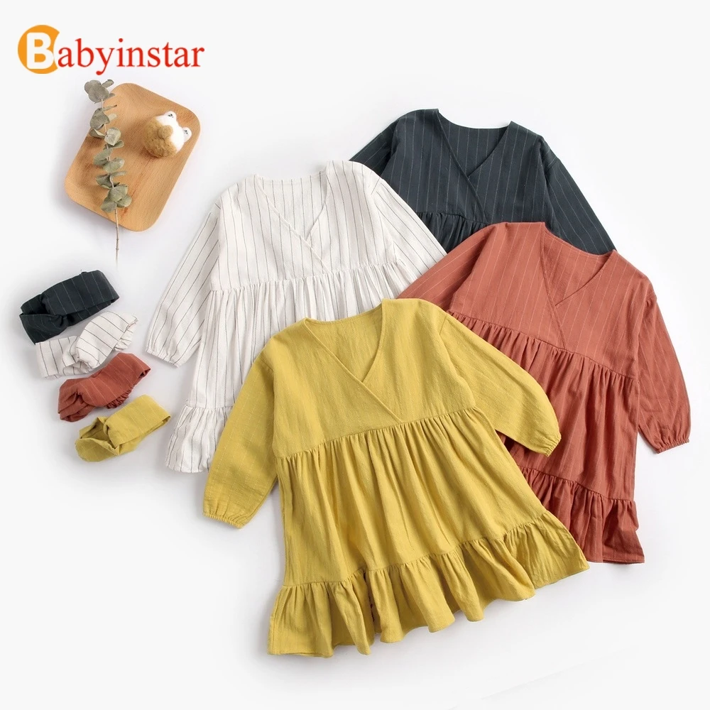 

Babyinstar 2019 Girl Dress + Headband Cotton Children Dresses V-neck Striped Printed Kids Dresses for Girls Baby Girls Clothing