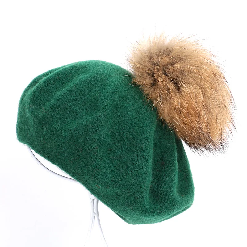 Dark Green Берет художника, уличные шапки художника, осень и зима, новые теплые вязаные однотонные кепки, модный мех енота, помпон, берет в стиле винтаж - Цвет: Dark Green