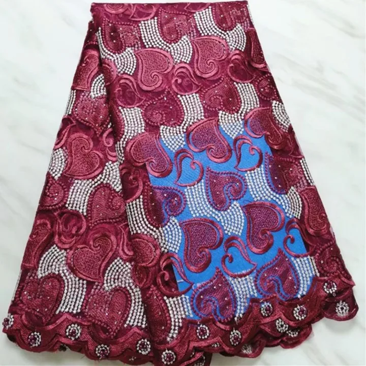 

5Yards/pc Most popular wine french net lace heart pattern embroidery with stone african mesh lace fabric for dress BN128-6
