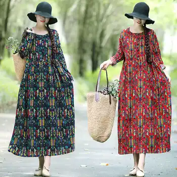 

New Autumn and Winter Traditional Easy Long sleeves Cotton and Linen Woman National Wind Costume Printing Dress NY1881889