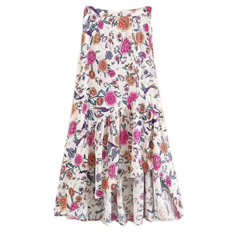 

Ethnic High Waist Single-breasted Buttons Floral Print Skirt Vintage 2018 New Women Ruffles Midi Long A-Line Skirts Femme