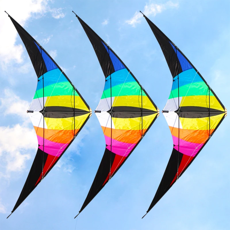 

free shipping 2.2m large rainbow dual line stunt kite flying toys for adults nylon ripstop fabric kites reel bag windsock
