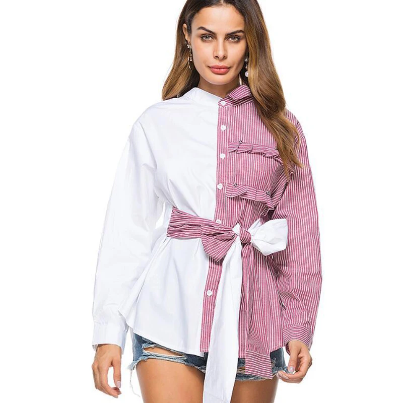 Женская рубашка, отложной воротник, длинный рукав, полосатая Лоскутная Блузка-стретч 2019, новый стиль, для женщин, хорошее качество