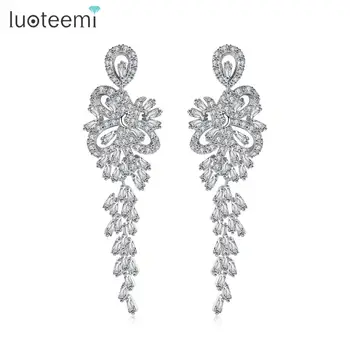 

LUOTEEMI New Arrival Quality Luxurious Romantic CZ Long Hanging Chandelier Earrings For Bridal Mariage Wedding Party Jewelry