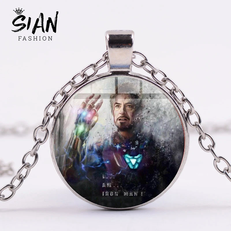 

SIAN Iron Man Tony Stark Infinity Gauntlet Pendant Necklace The Avengers 4 Endgame Quantum Realm Art Poster Glass Dome Necklace