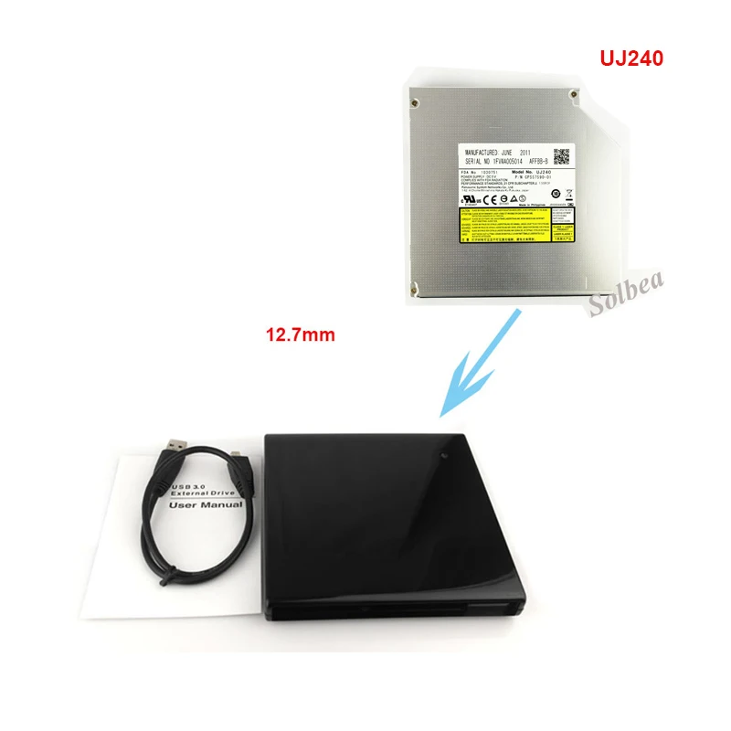 

1pc USB3.0 SATA 12.7mm Drive ODD/HDD External Case Enclosure+UJ240 6X 3D Blu-ray Burner Layer BD-RE CD-RW DVD RW Optical Drive