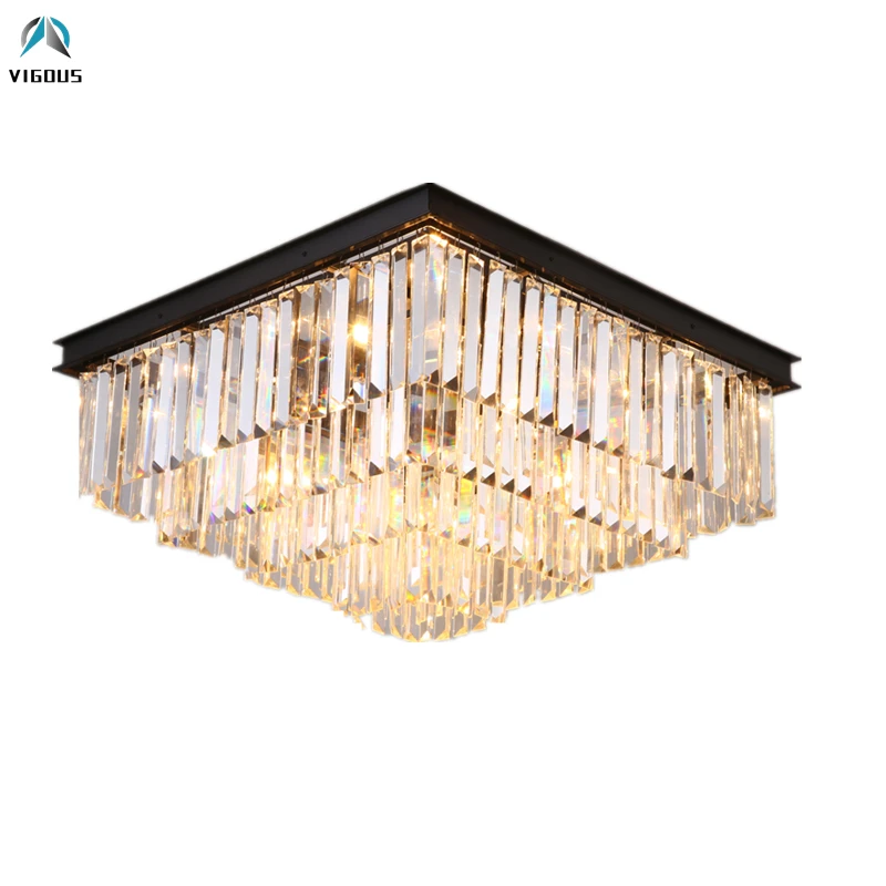

American Retro Black Square Metal E14 Ceiling Lamp Lustre K9 Crystal Ceiling Light for Living Room Indoor Lighting Fixtures