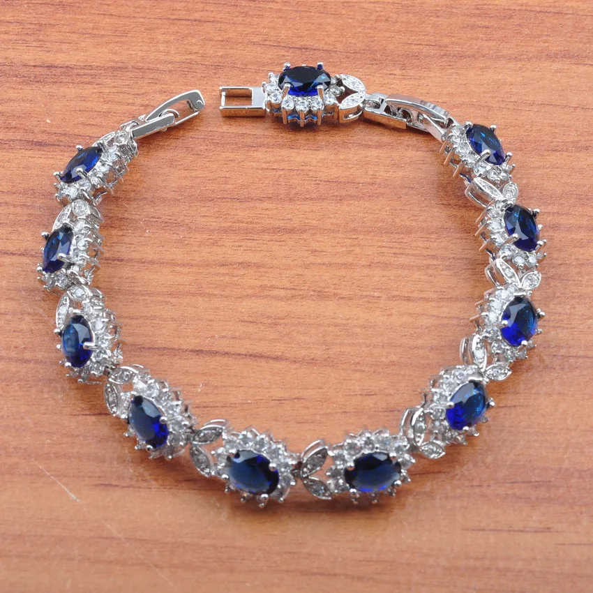925 серебряные ювелирные наборы, голубой кубический цирконий, свадебные ювелирные изделия для женщин, серьги/ожерелье/браслет и кольцо, наборы JS0152