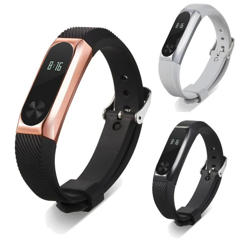 

LANDFOX New Fashion Ergonomic rubber Watch Strap Metal Wristband Business Style Strap Bracelet For Xiaomi Mi Band 2 soft Durable