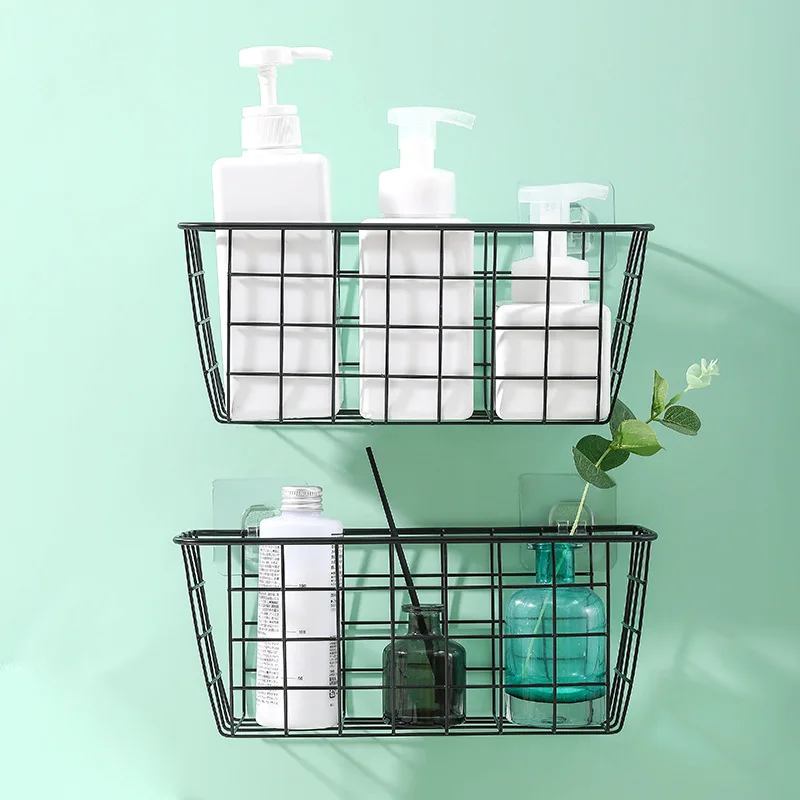 

Storage Basket Rack Bathroom Clutter Kitchen Seasoning Storage Box Wall Hanging Rectangular Simple Black And White Color