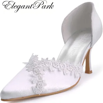 

Elegant Woman Shoes MD-018W Pointed Toe Flower Med High Heel Satin Pumps Women Wedding Bridal Shoes